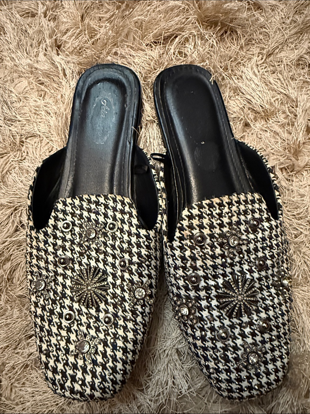 Embellished Houndstooth Slip-On Mules in Black & White